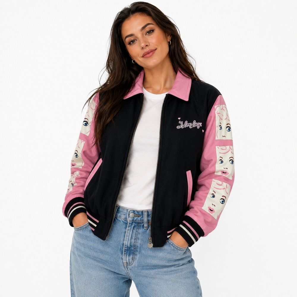 Vintage 90s I Love Lucy Genuine Leather Wool Varsity Jacket Pink Black Women's